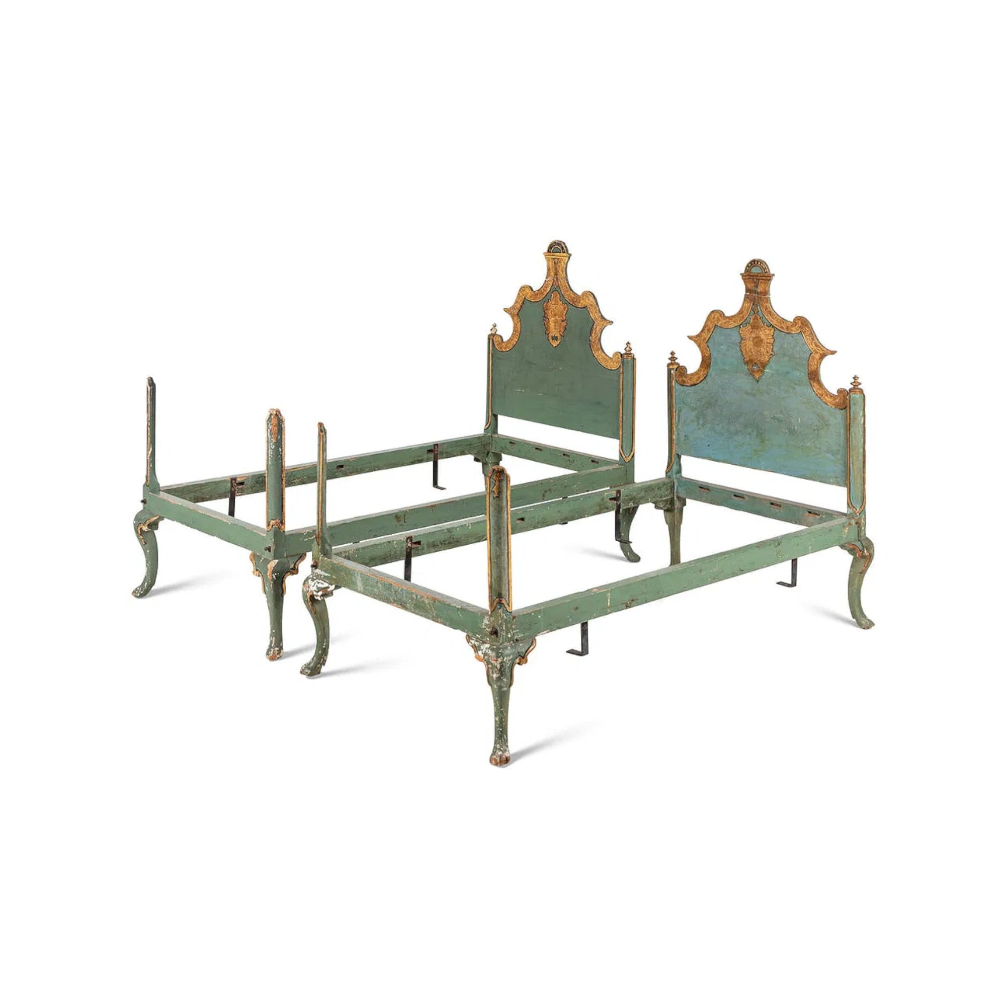 Venetian Style Pair of Painted & Parcel Gilt Twin Beds