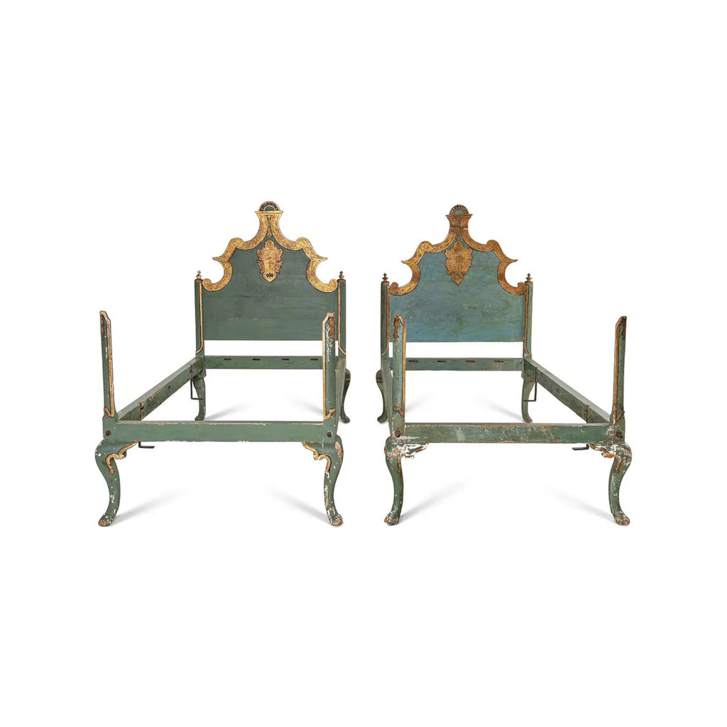Venetian Style Pair of Painted & Parcel Gilt Twin Beds