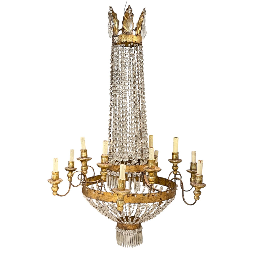 19th Century Italian Large Empire Crystal & Gilded Iron Antique Chandelier
