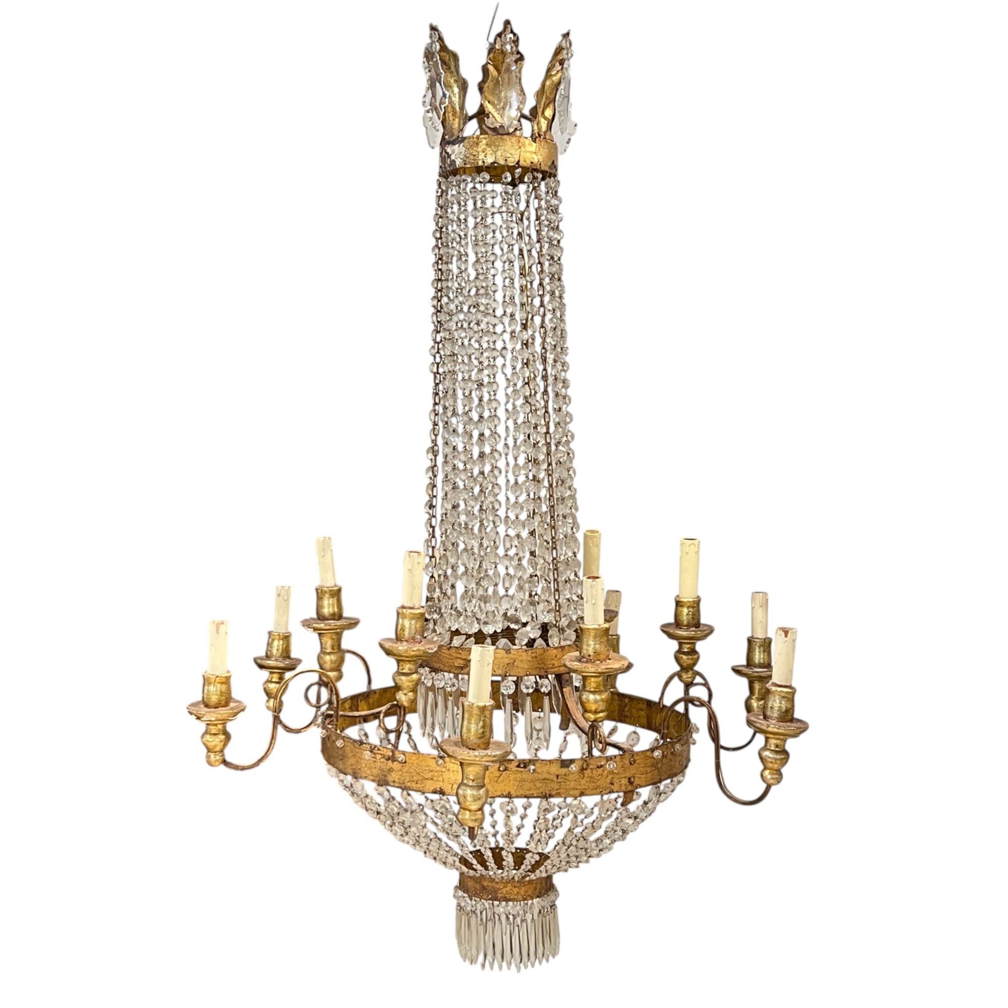19th Century Italian Large Empire Crystal & Gilded Iron Antique Chandelier
