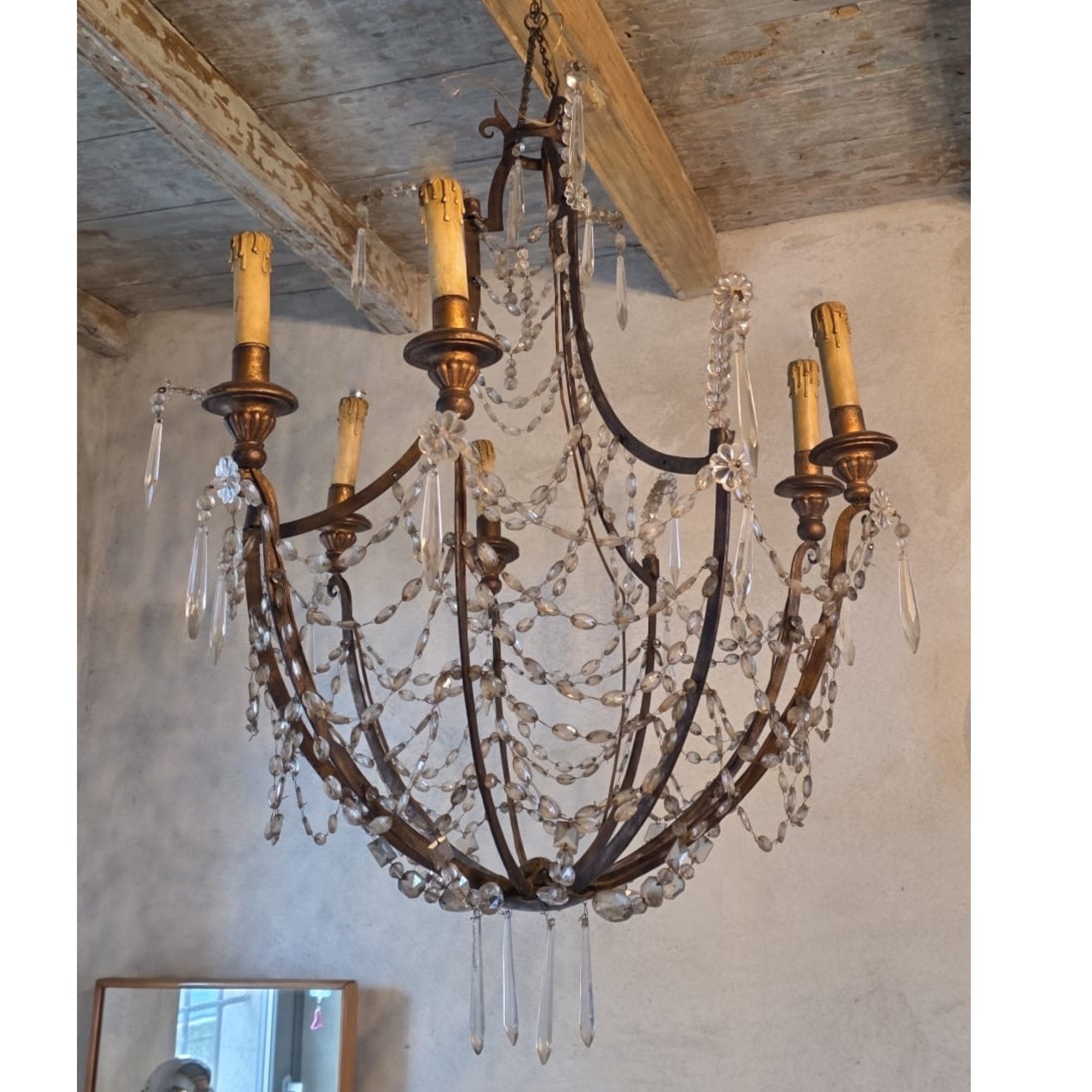 19th Century Italian Empire Giltwood & Iron Chandelier with Crystal Basket