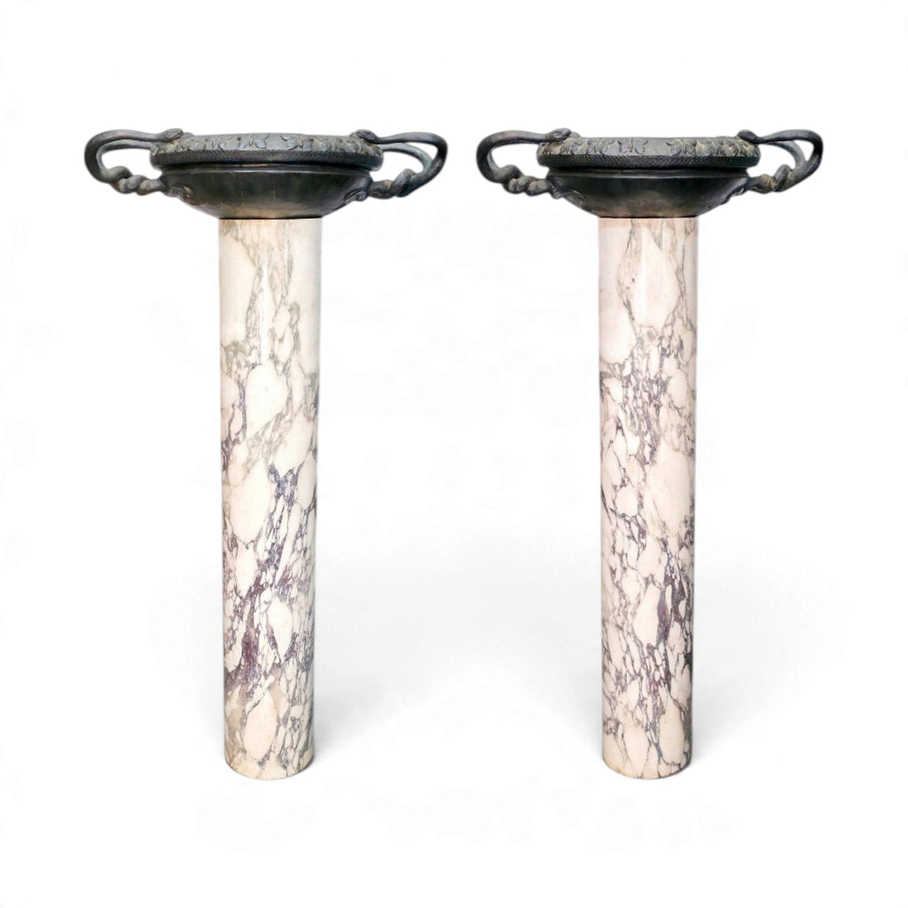 Late 18th–Early 19th Century Italian Grand Tour Breccia d’Aleppo Marble Columns with Bronze Urns
