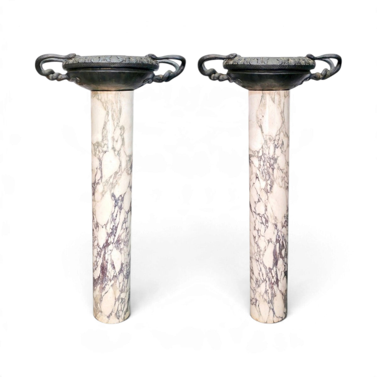 Late 18th–Early 19th Century Italian Grand Tour Breccia d’Aleppo Marble Columns with Bronze Urns
