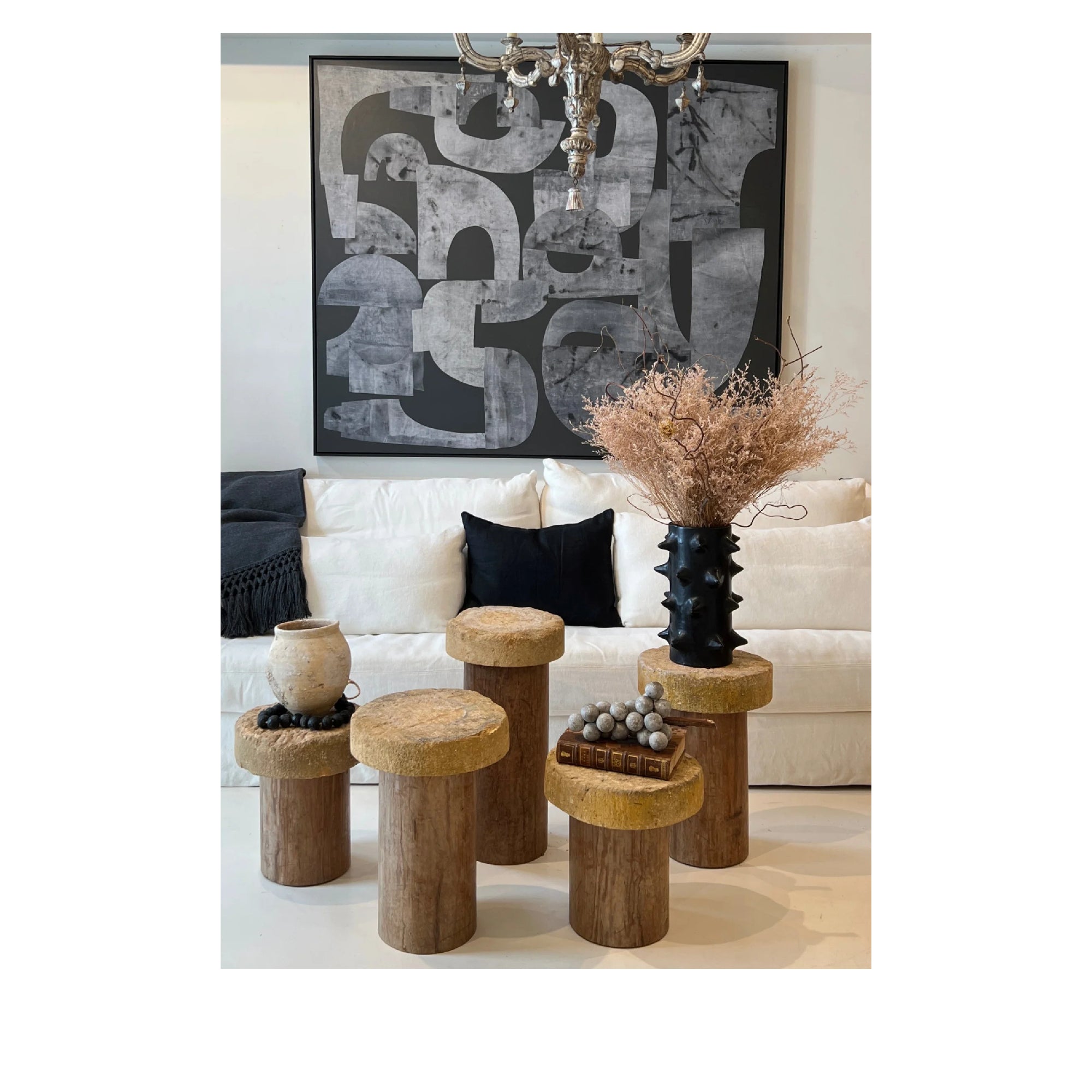 18th Century French Bourgogne Stone Top Tables with Acacia Wood Base - Set of 5