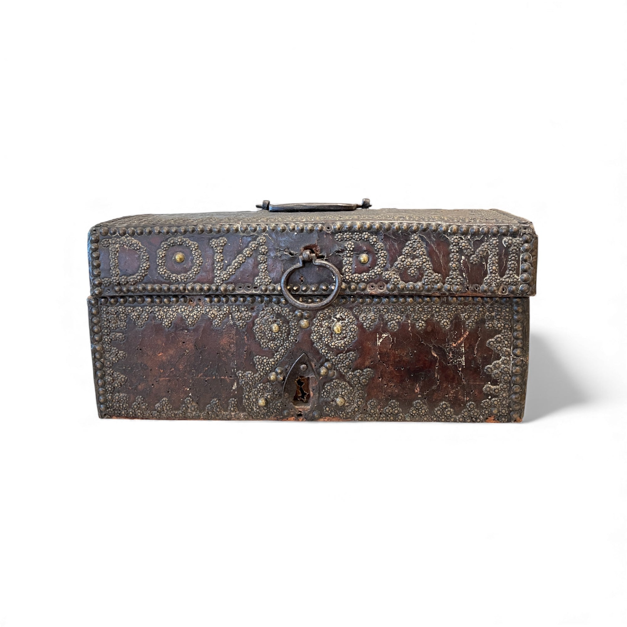 17th Century French Antique Leather Box with Nailheads