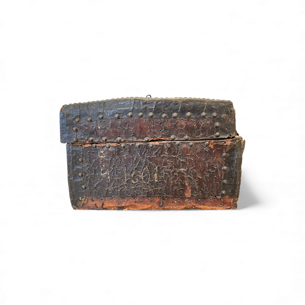 17th Century French Antique Leather Box with Nailheads