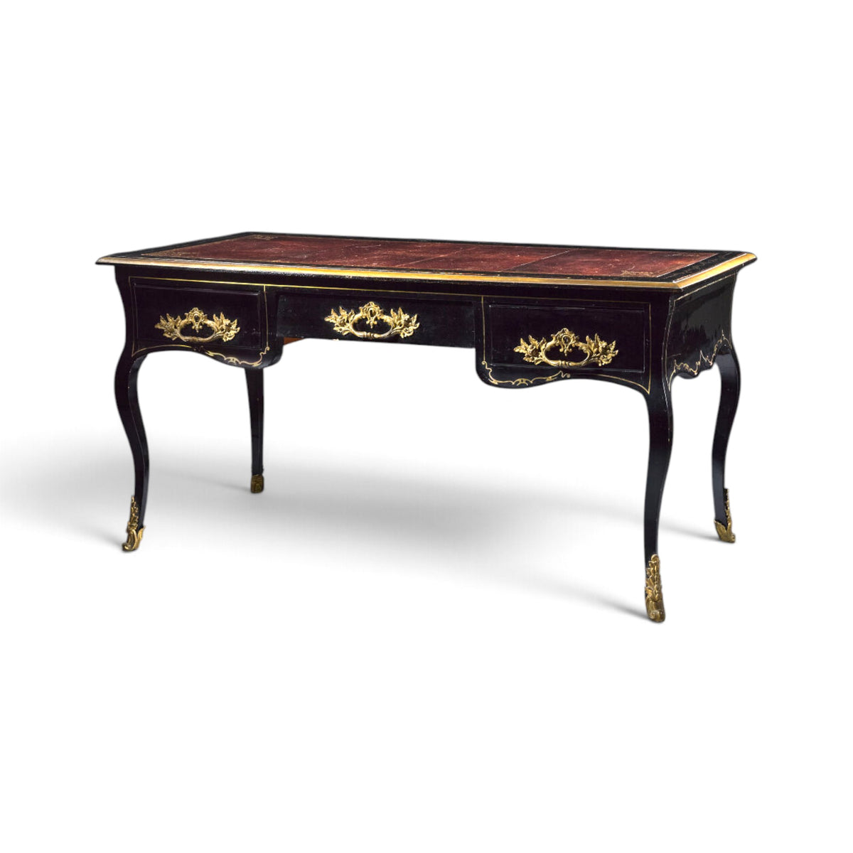18th Century French Louis XV Style Bureau Plat or Desk with Brass & Gilt Bronze Inlays