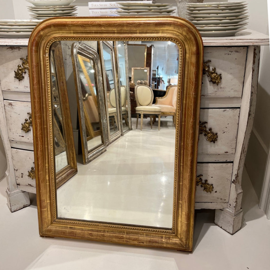 19th Century French Louis Philippe Small Gold Mirror with Flowers