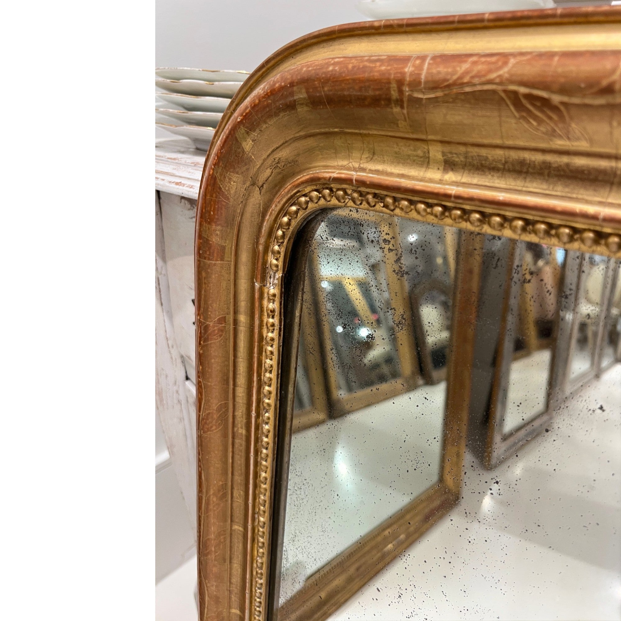 19th Century French Louis Philippe Small Gold Mirror with Flowers