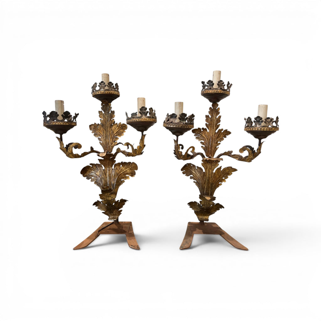 19th Century Pair of 3 Arm Italian Candelabras in Gilded Tole