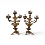 19th Century Pair of 3 Arm Italian Candelabras in Gilded Tole