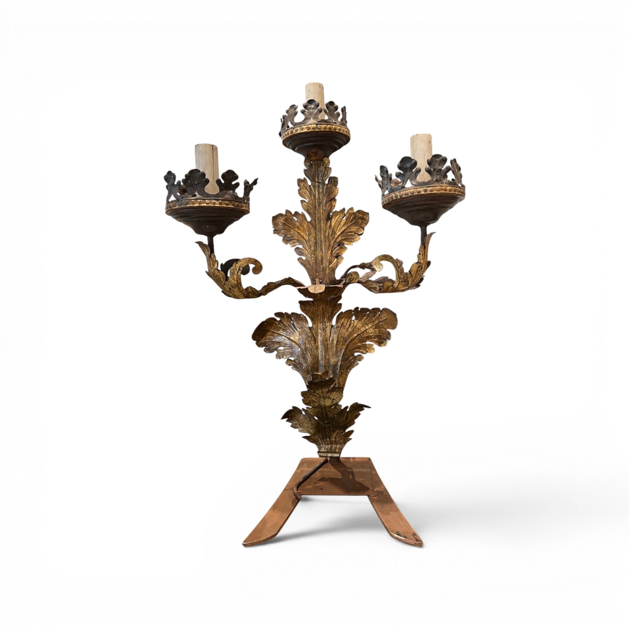 19th Century Pair of 3 Arm Italian Candelabras in Gilded Tole