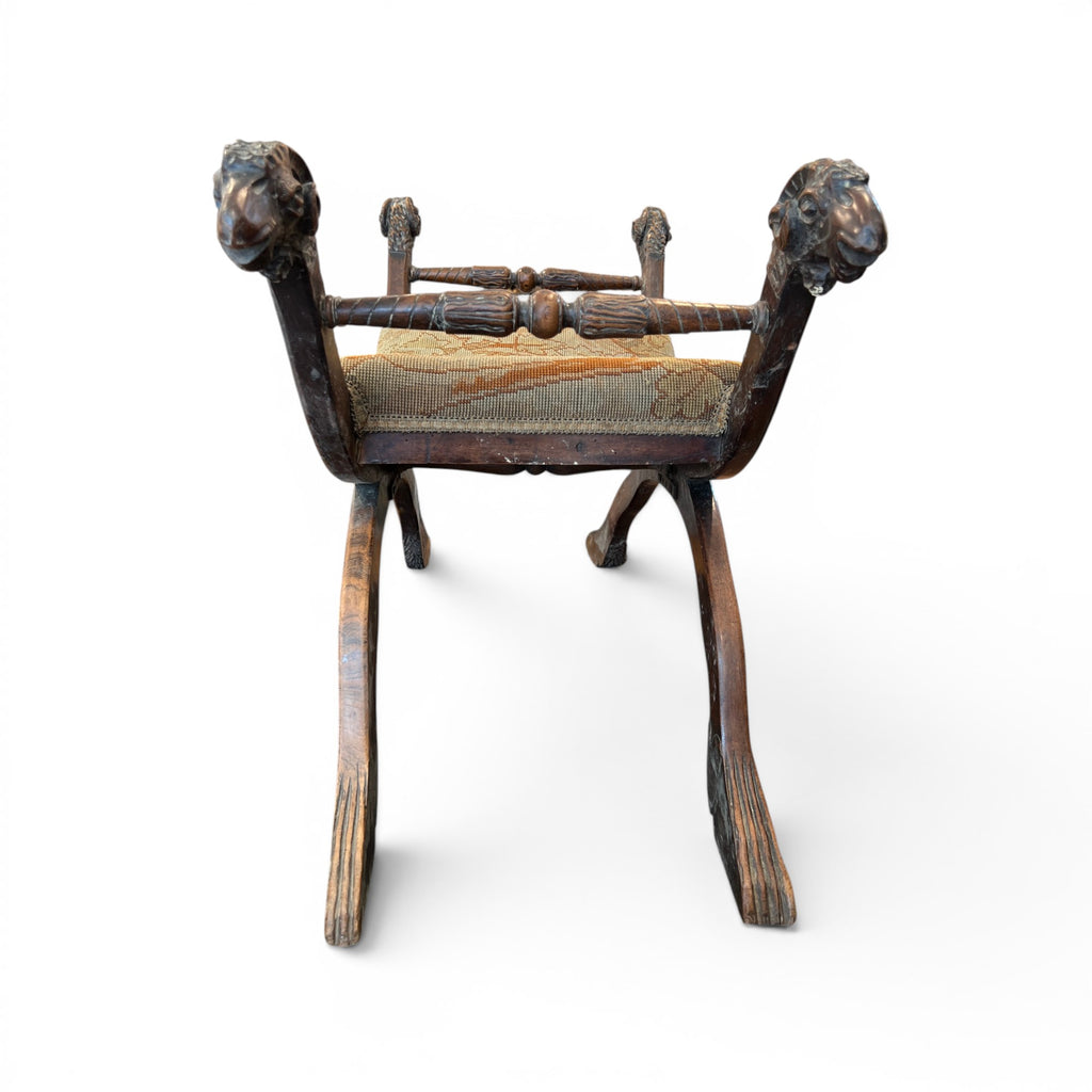 19th Century Italian Walnut Curule Stool with Ram's Head Carving