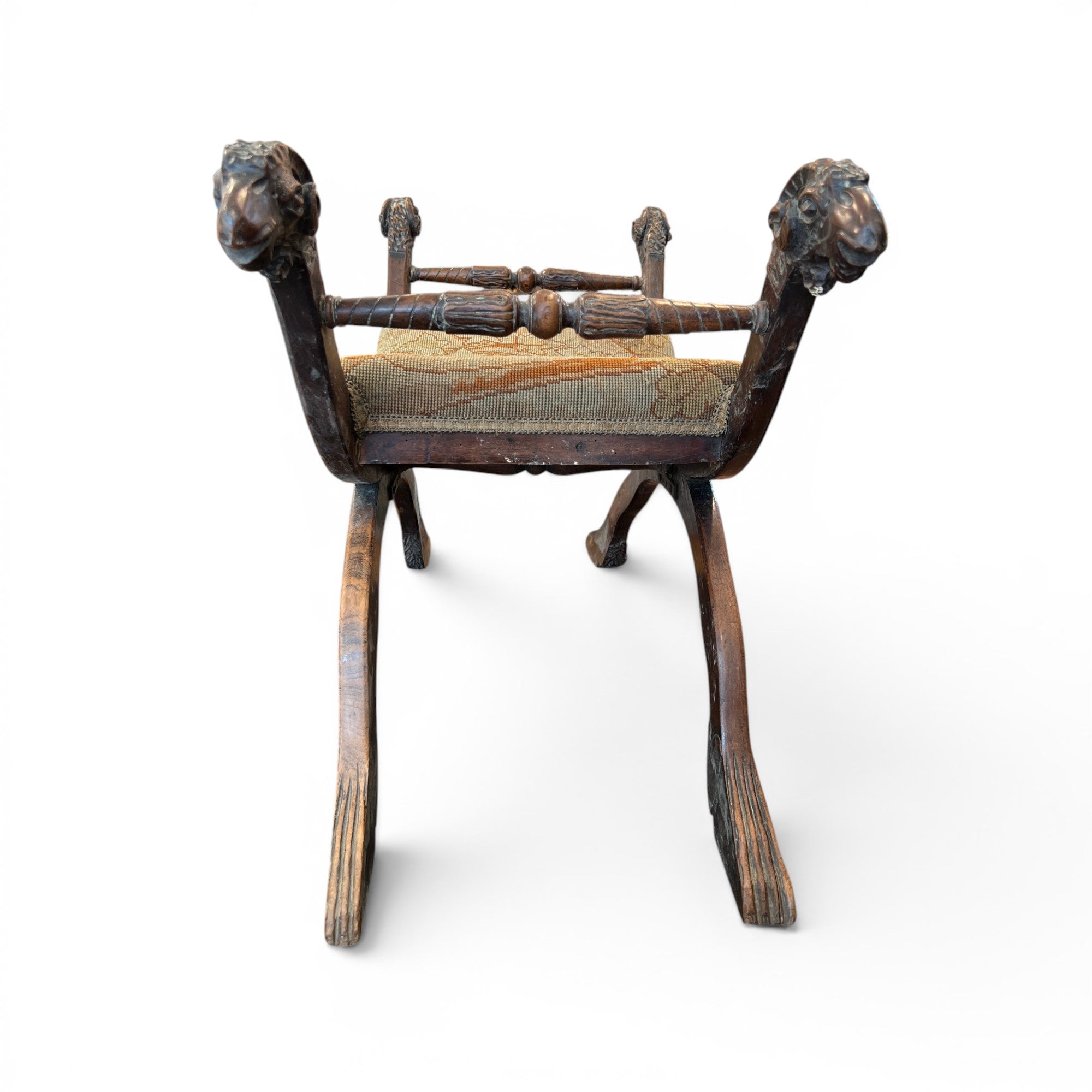 19th Century Italian Walnut Curule Stool with Ram's Head Carving