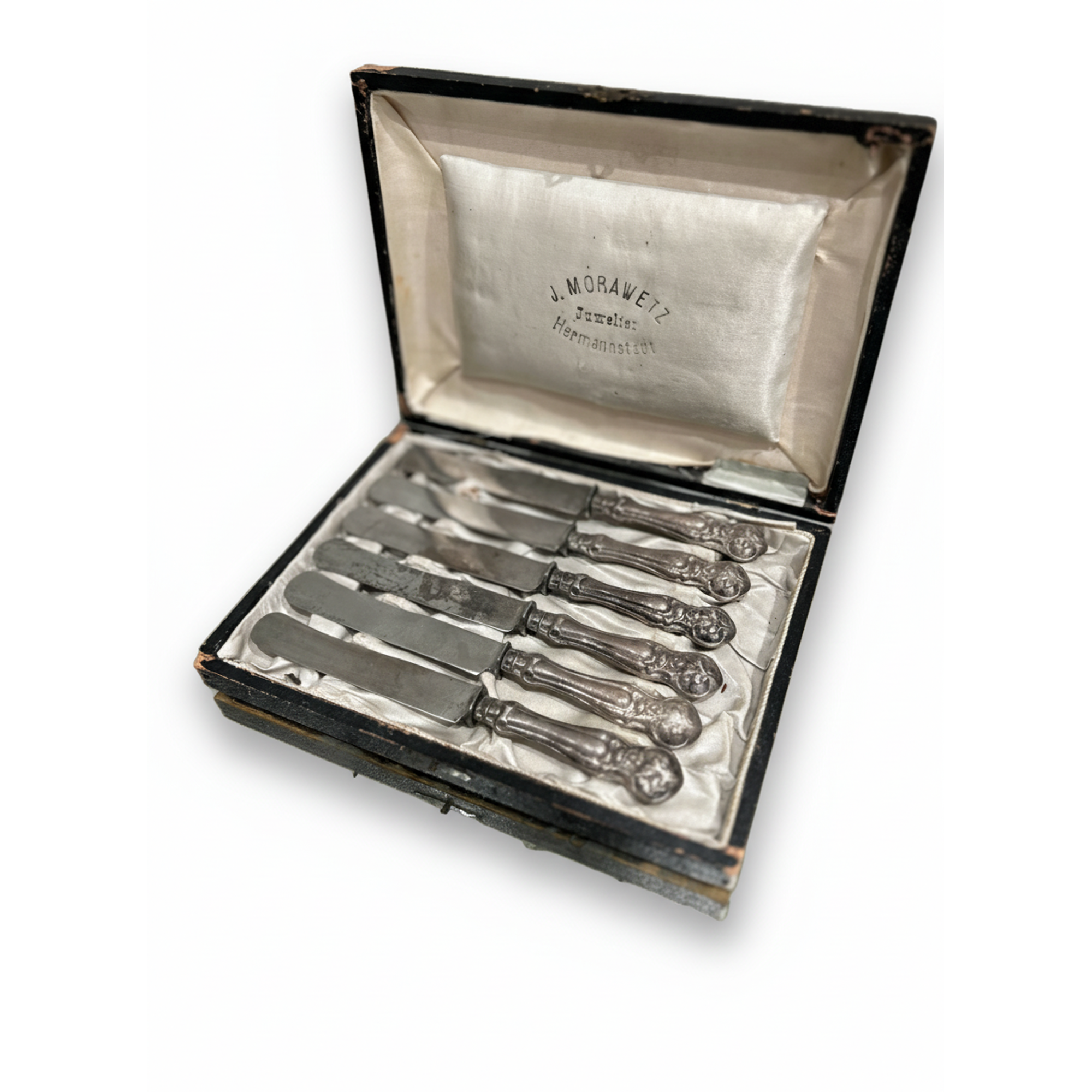 Antique Silver Dessert Knives in Leather Box