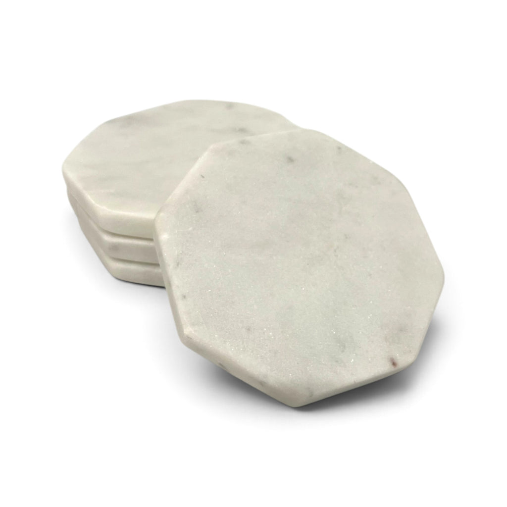 White Octagonal Marble Coaster Set (Set of 4)