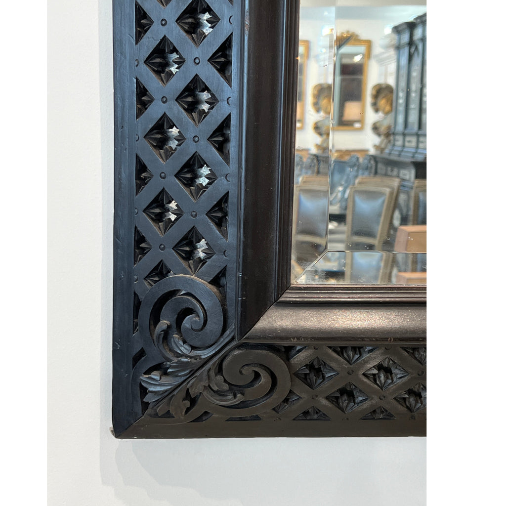 19th Century French Antique Napoleon III Black Mirror with Detailed Carving