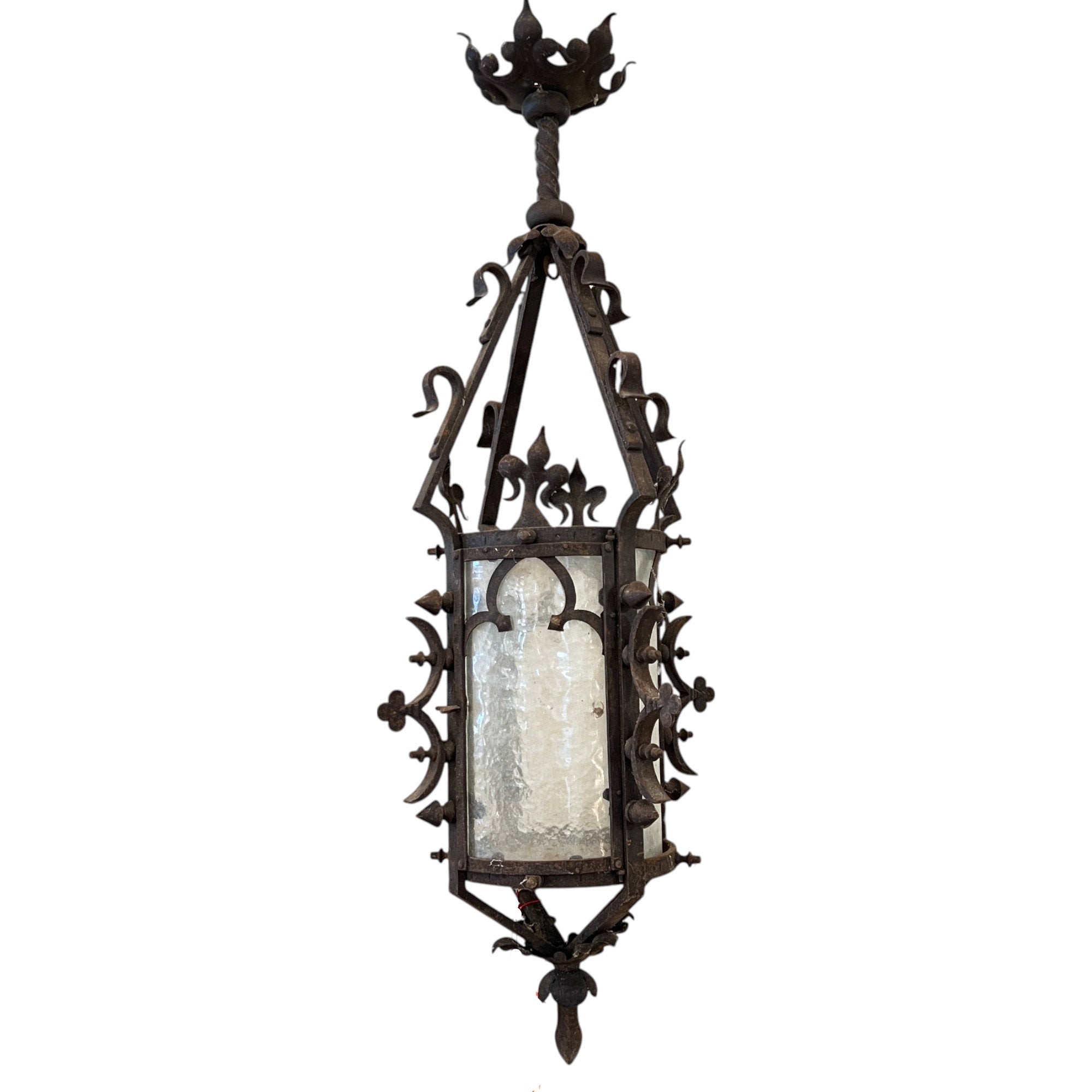 19th Century French Napoleon III Black Iron Antique Lantern with Fleur de Lis Detail