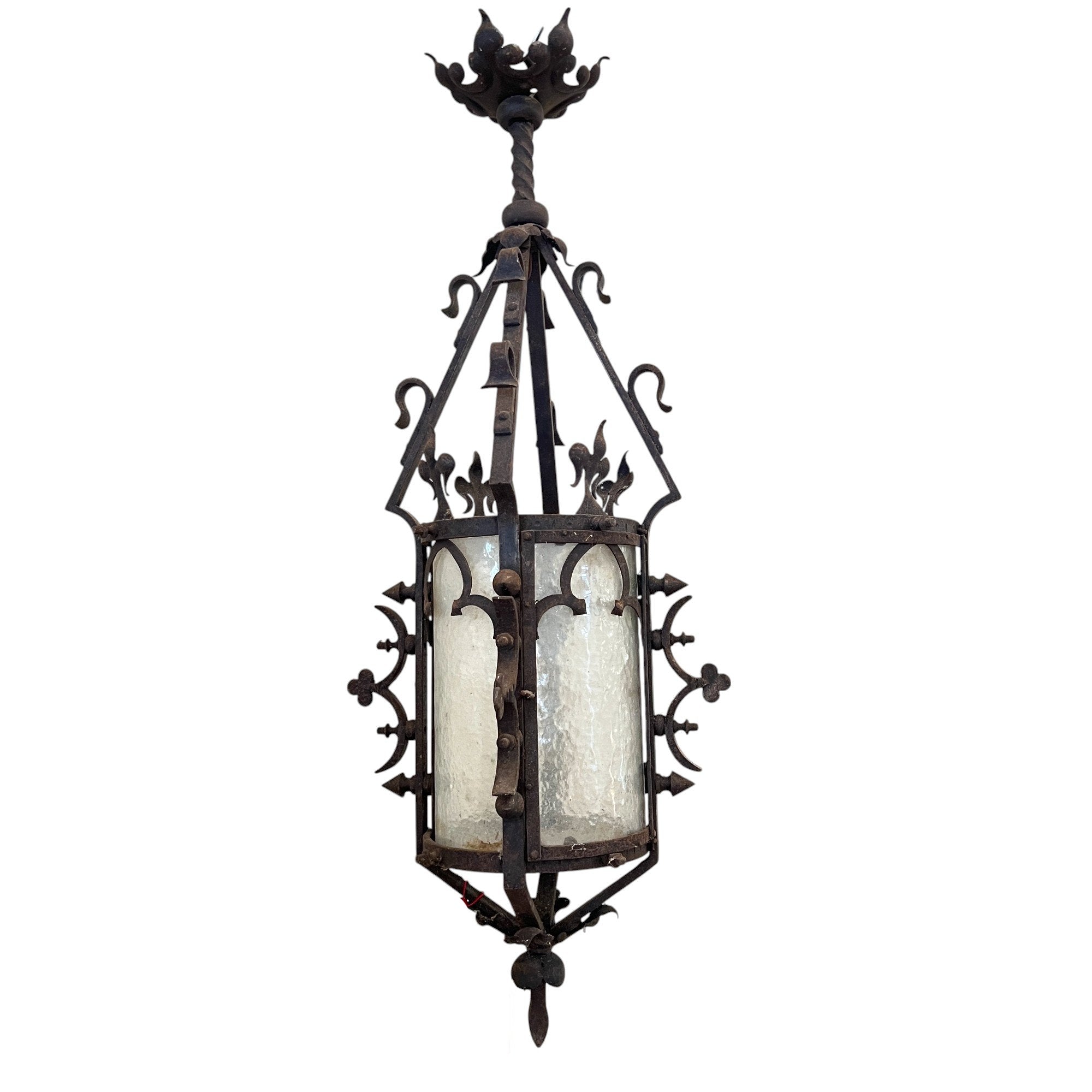 19th Century French Napoleon III Black Iron Antique Lantern with Fleur de Lis Detail