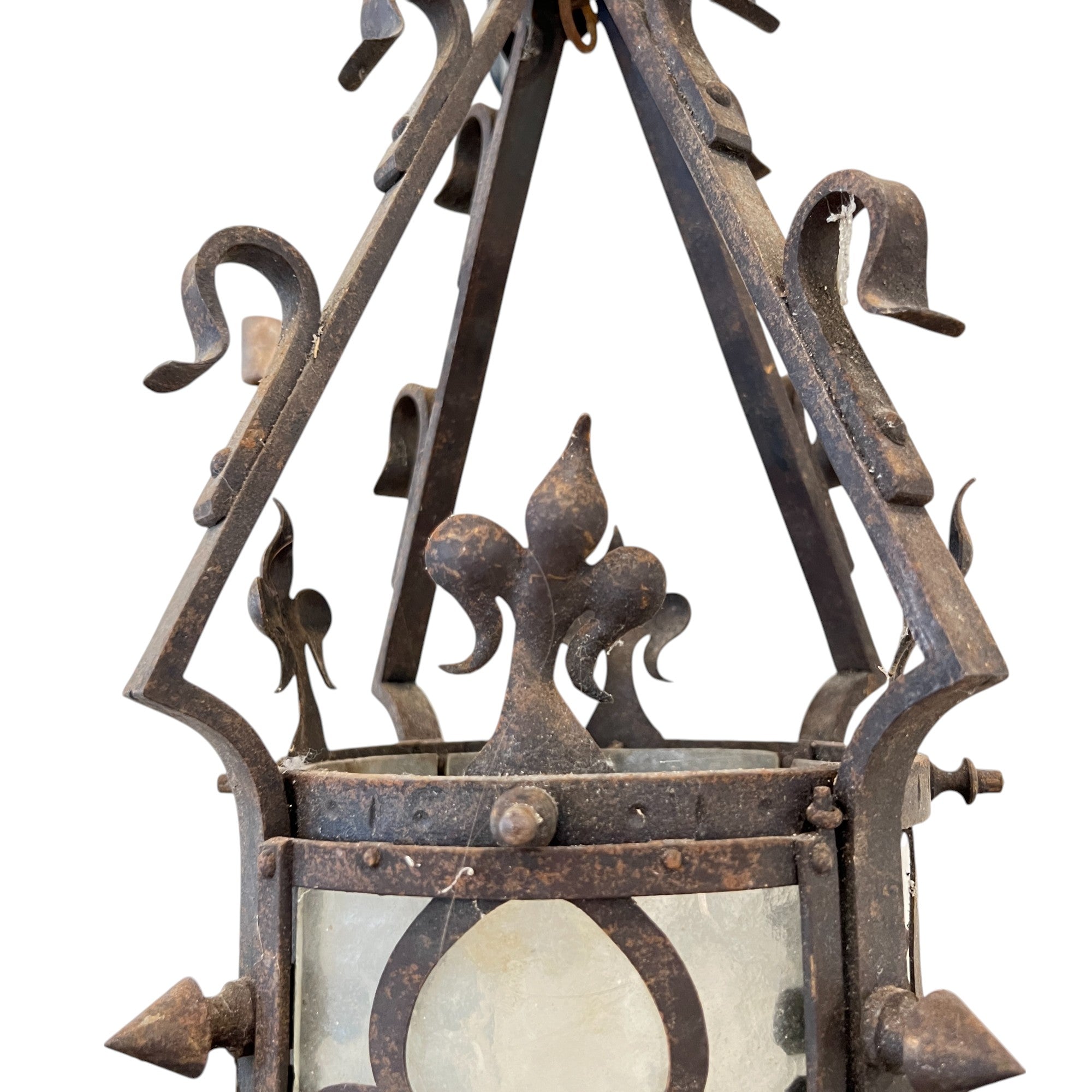 19th Century French Napoleon III Black Iron Antique Lantern with Fleur de Lis Detail