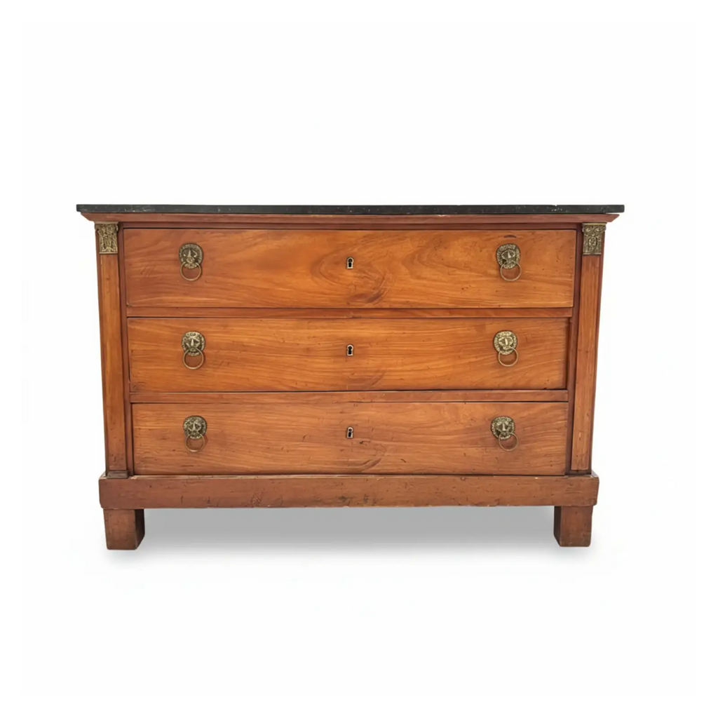 19th Century French Empire Antique Chest with Marble Top & Lion Pulls