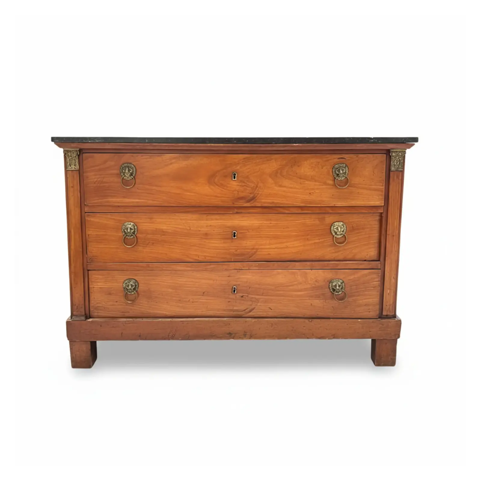 19th Century French Empire Antique Chest with Marble Top & Lion Pulls
