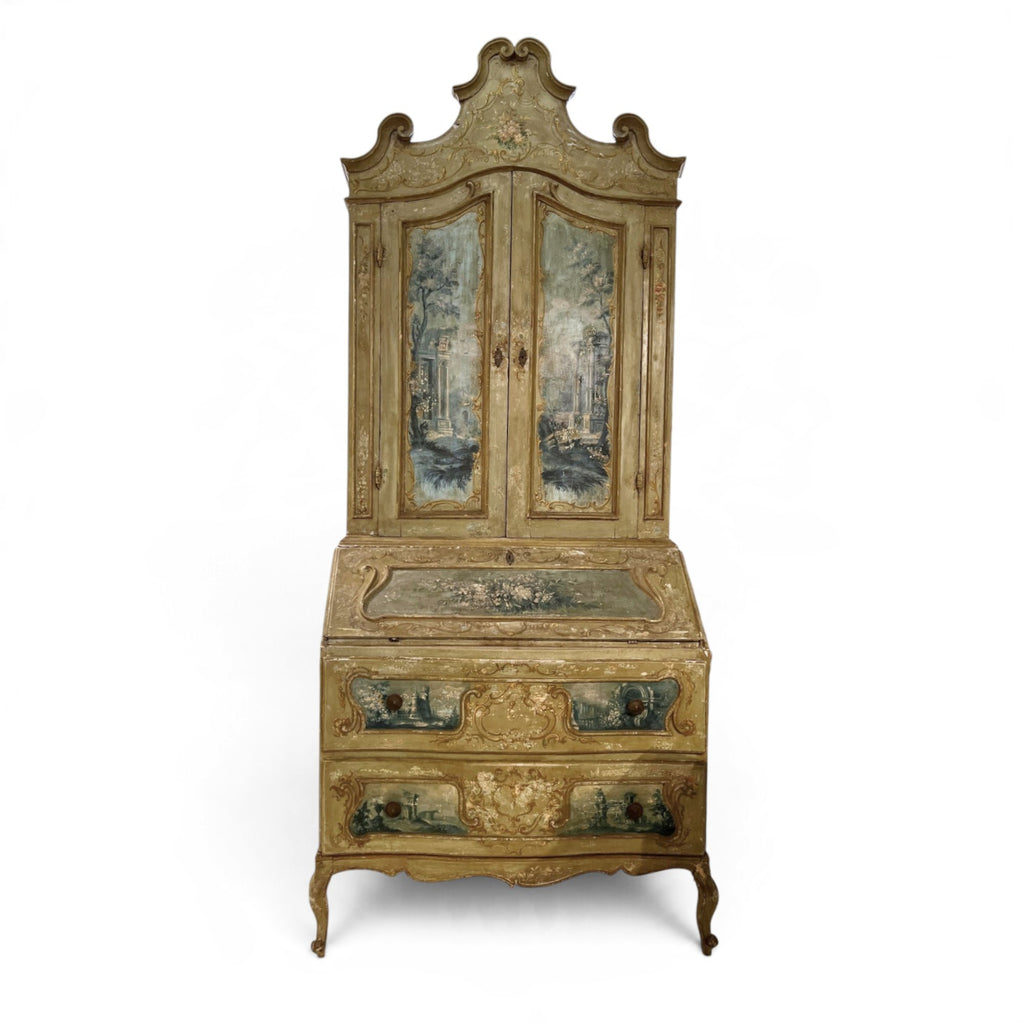 19th Century Italian Painted Secrétaire with Landscapes & Cabriole Legs
