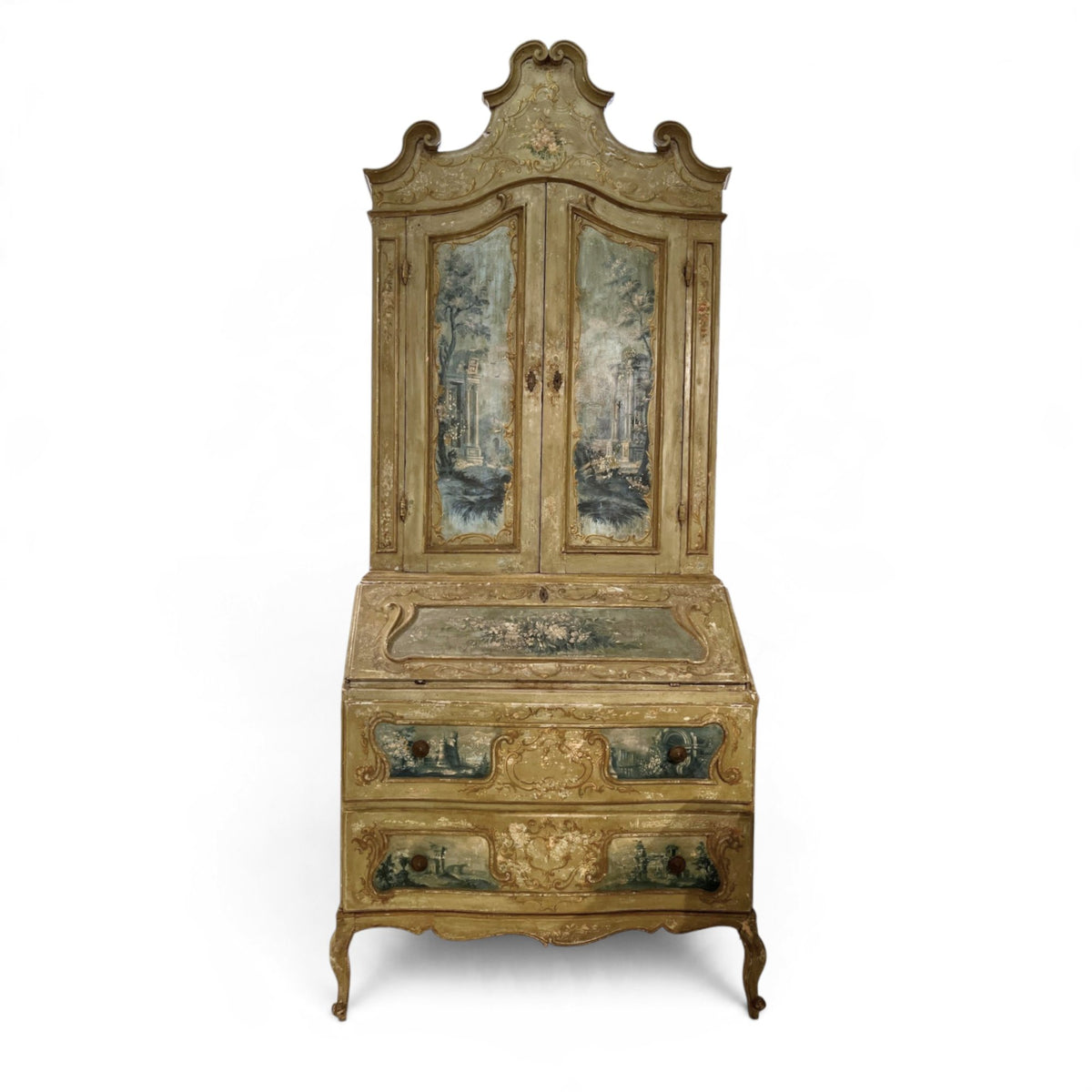 19th Century Italian Painted Secrétaire with Landscapes & Cabriole Legs
