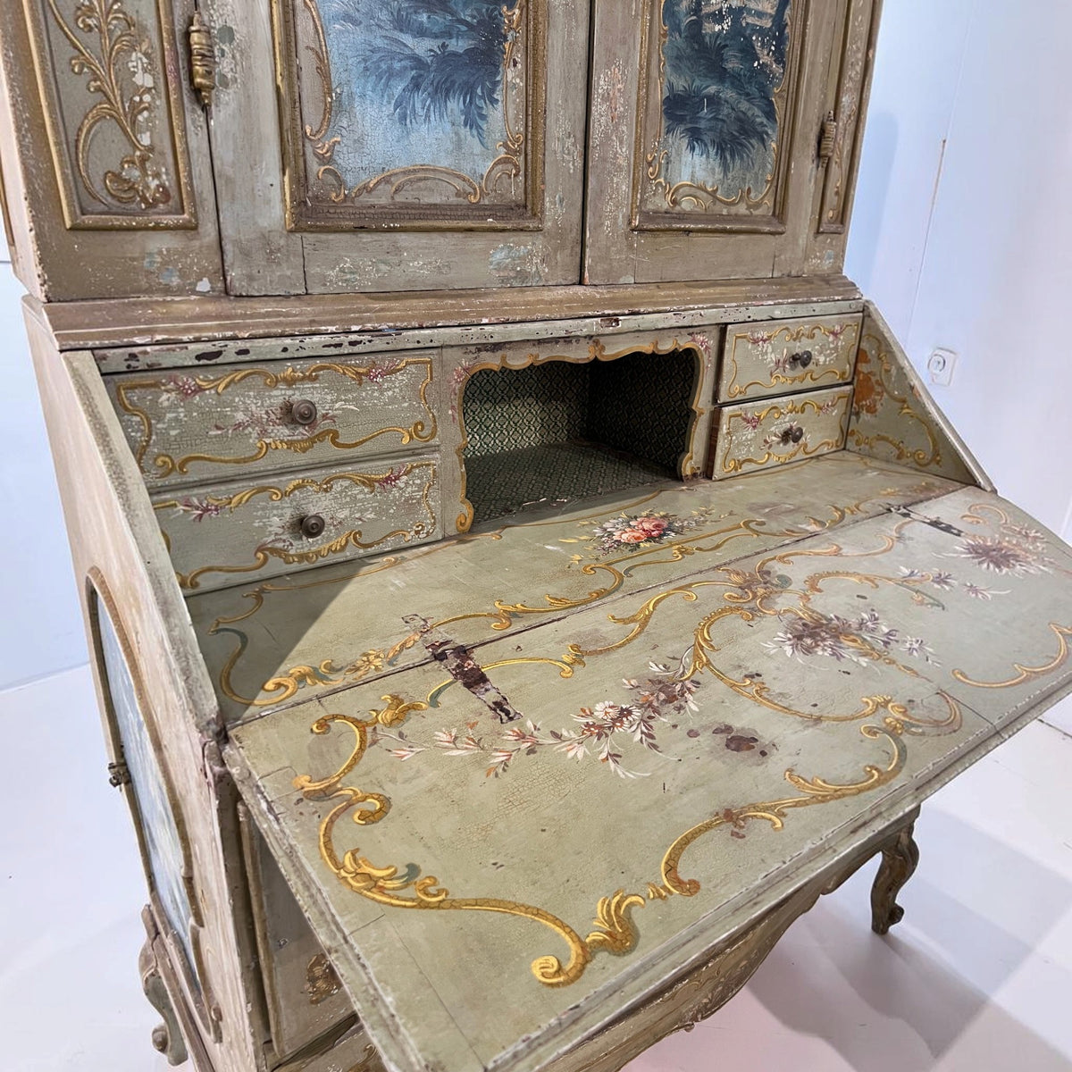 19th Century Italian Painted Secrétaire with Landscapes & Cabriole Legs
