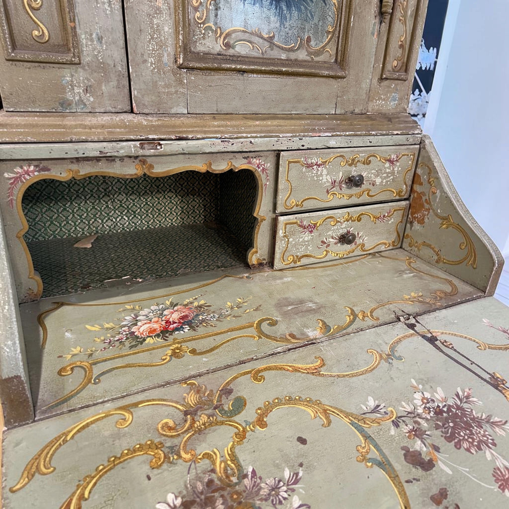 19th Century Italian Painted Secrétaire with Landscapes & Cabriole Legs