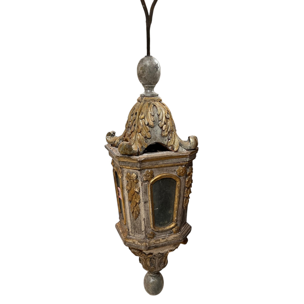 18th Century Italian Gilded & Painted Wood Lantern with Carved Acanthus Details from Piemonte