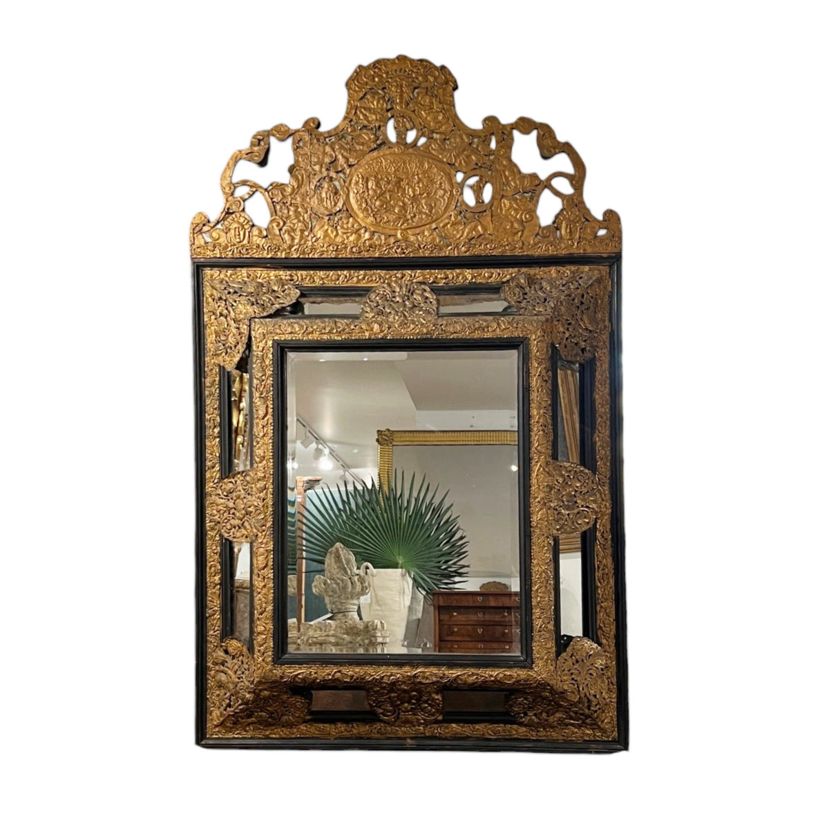 18th Century Belgian Mirror with Ebonized Wood & Embossed Copper