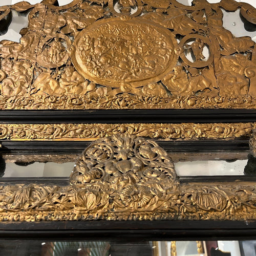 18th Century Belgian Mirror with Ebonized Wood & Embossed Copper