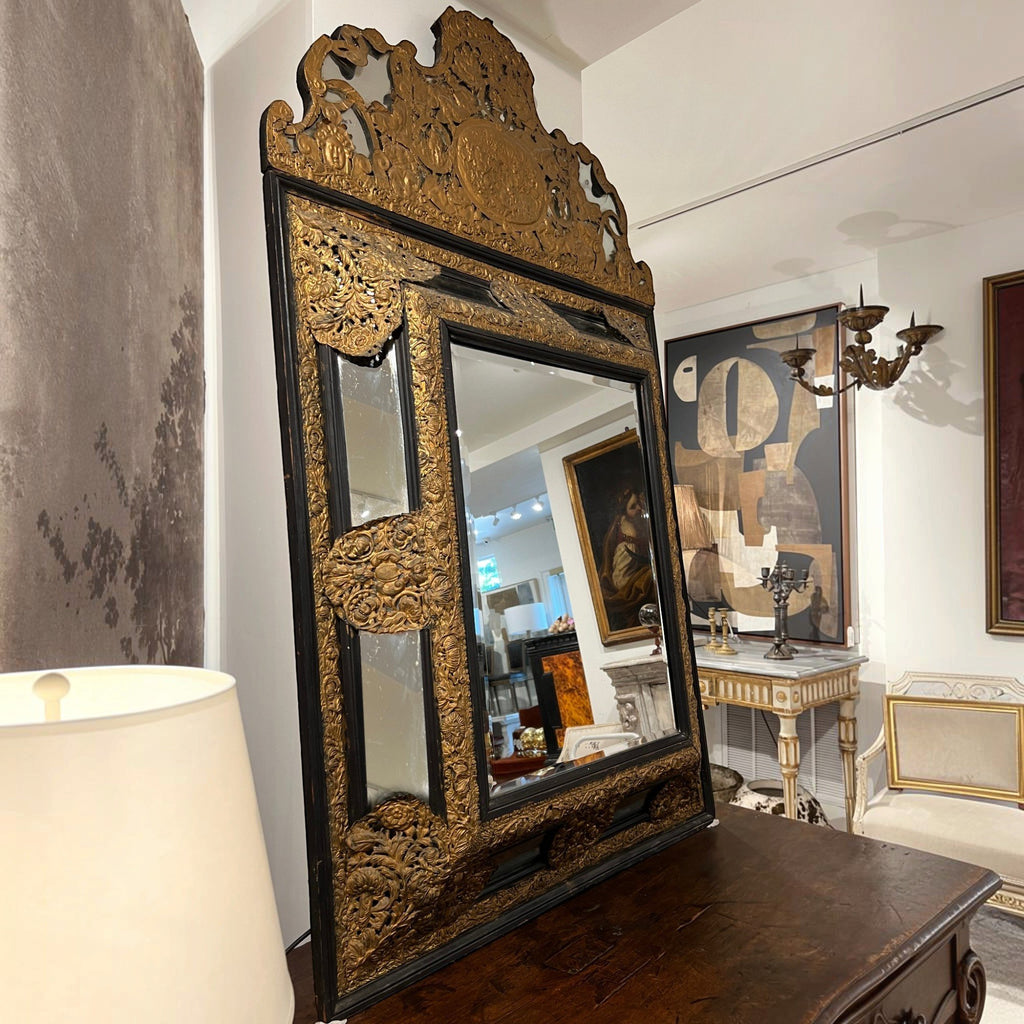18th Century Belgian Mirror with Ebonized Wood & Embossed Copper