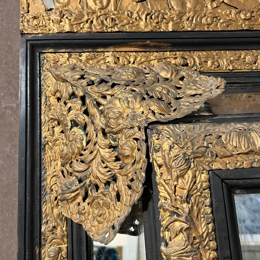 18th Century Belgian Mirror with Ebonized Wood & Embossed Copper