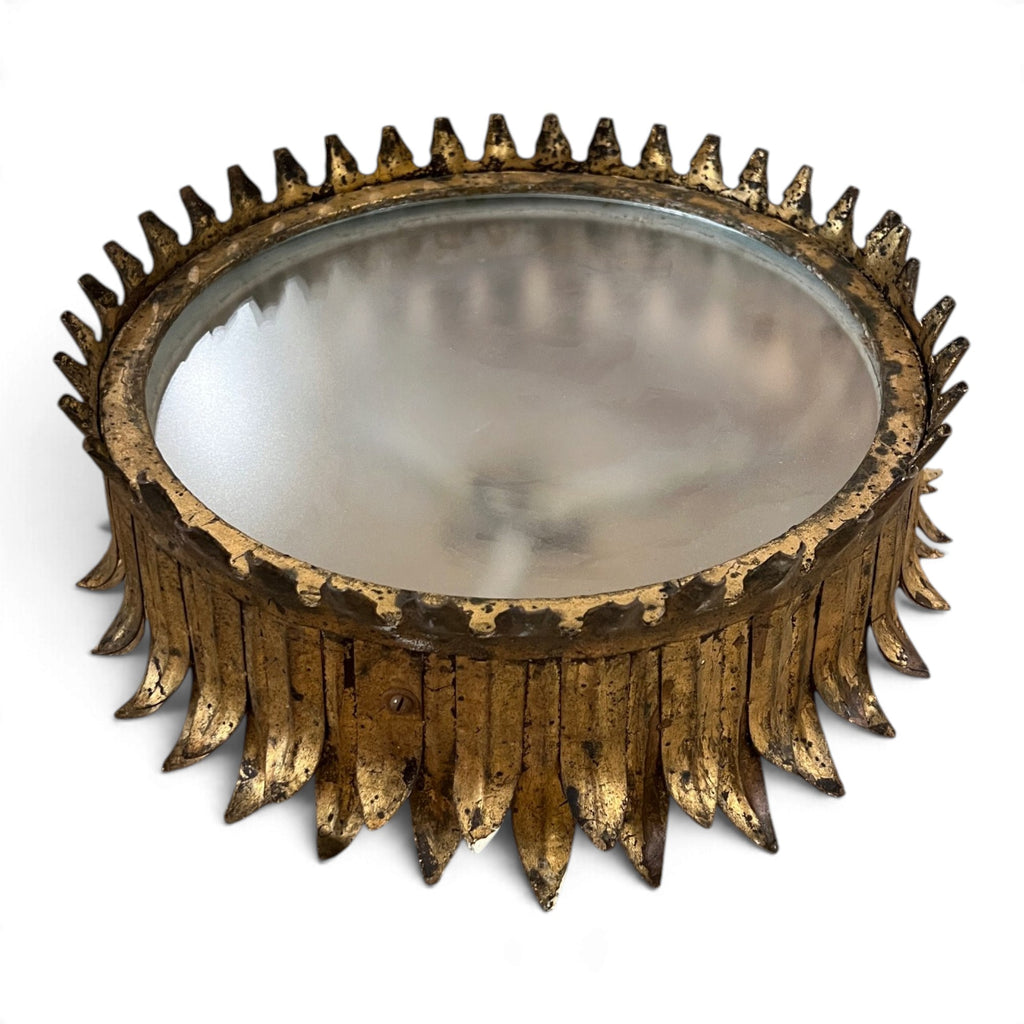 Vintage Spanish Gilded Iron Leaf Chandelier with Glass
