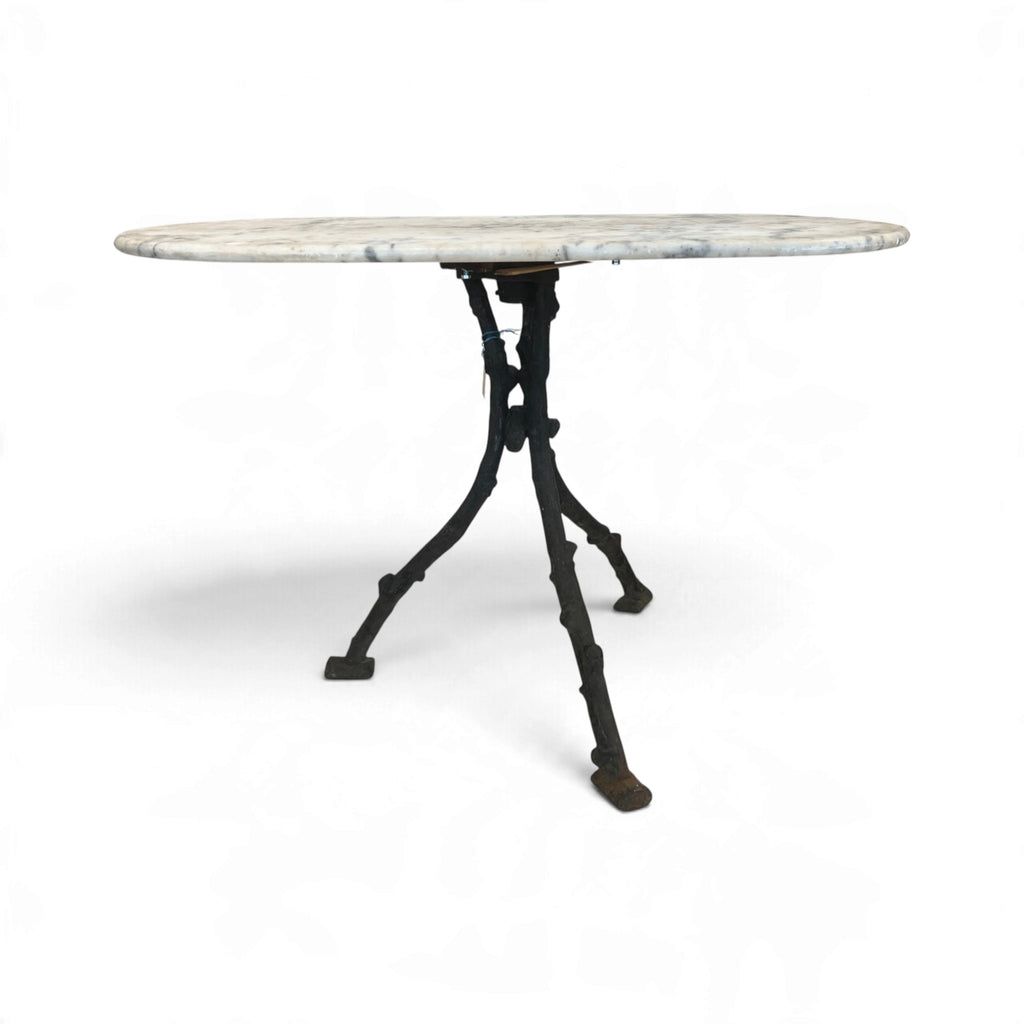 19th Century French Faux Bois Iron Table with White Marble Oval Top