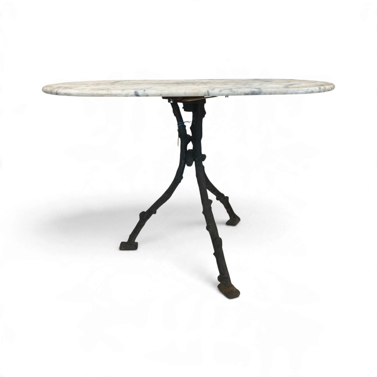 19th Century French Faux Bois Iron Table with White Marble Oval Top