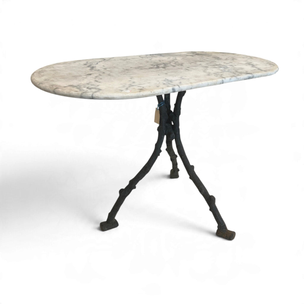 19th Century French Faux Bois Iron Table with White Marble Oval Top