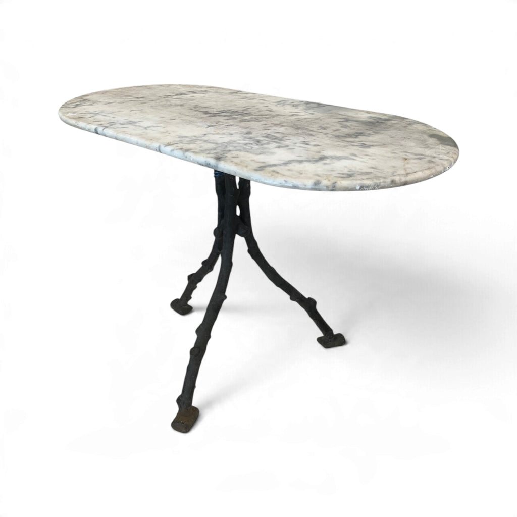 19th Century French Faux Bois Iron Table with White Marble Oval Top