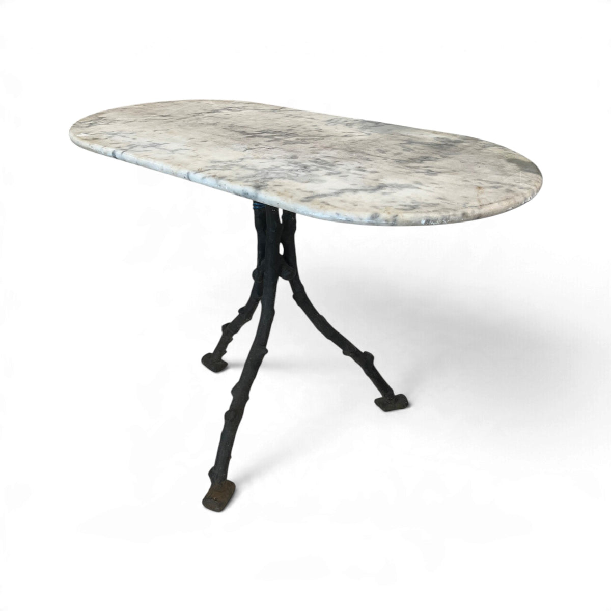 19th Century French Faux Bois Iron Table with White Marble Oval Top
