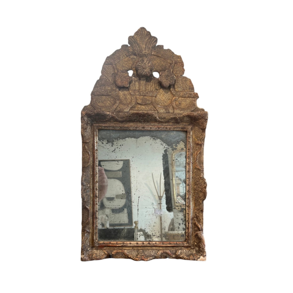 18th Century French Louis XIV Period Gilded & Silvered Wood Mirror with Carved Pediment - Small