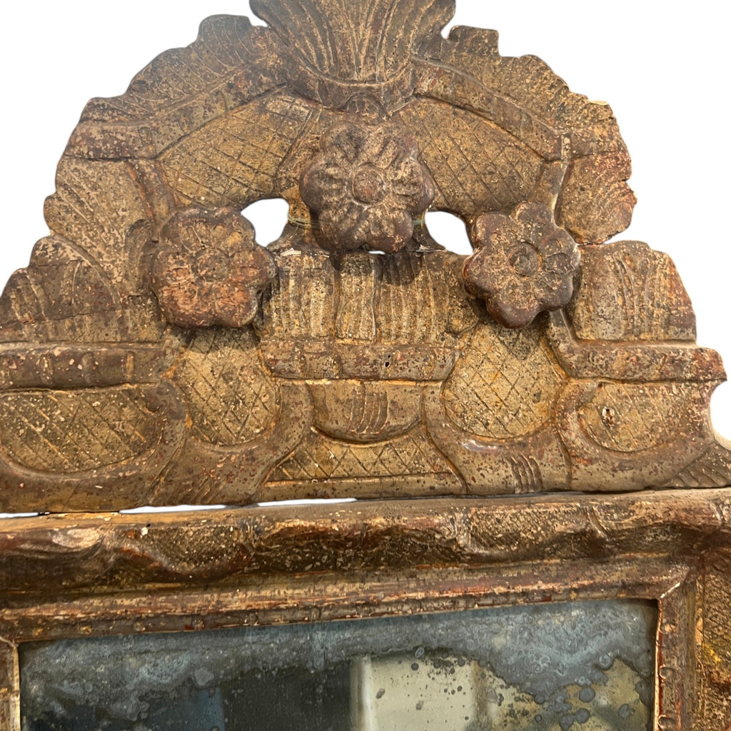 18th Century French Louis XIV Period Gilded & Silvered Wood Mirror with Carved Pediment - Small