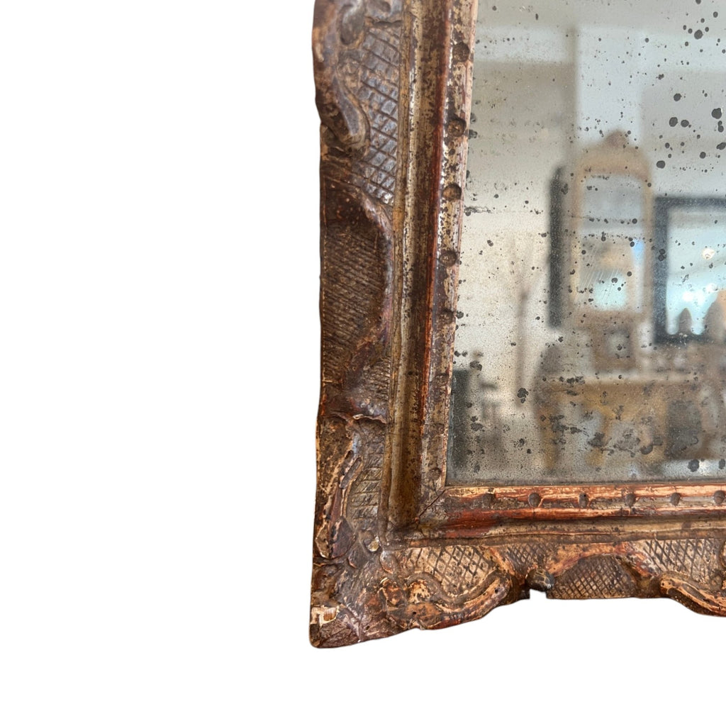 18th Century French Louis XIV Period Gilded & Silvered Wood Mirror with Carved Pediment - Small