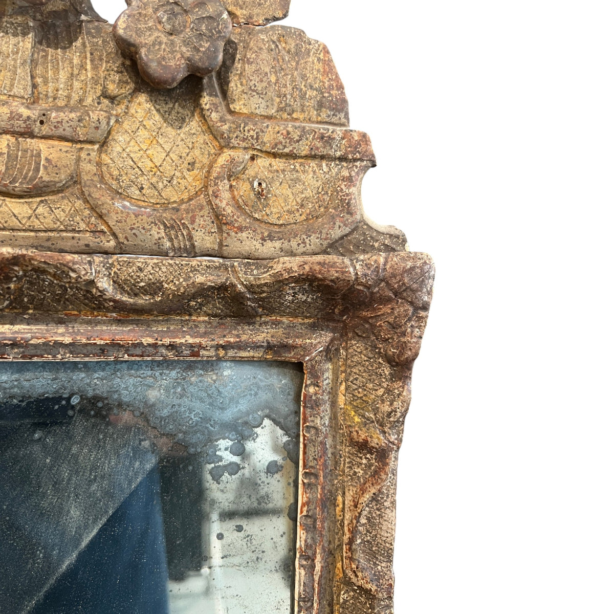 18th Century French Louis XIV Period Gilded & Silvered Wood Mirror with Carved Pediment - Small