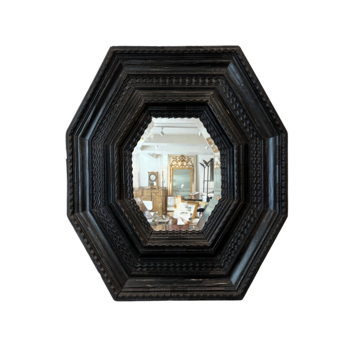 18th Century French Louis XIV Ebonized Octagonal Carved Frame with Original Mirror