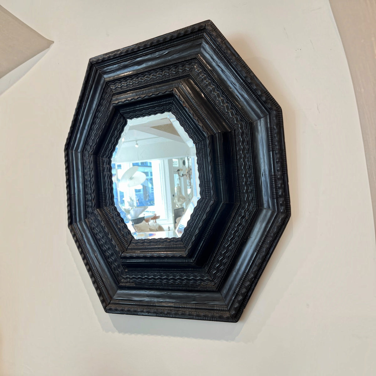 18th Century French Louis XIV Ebonized Octagonal Carved Frame with Original Mirror