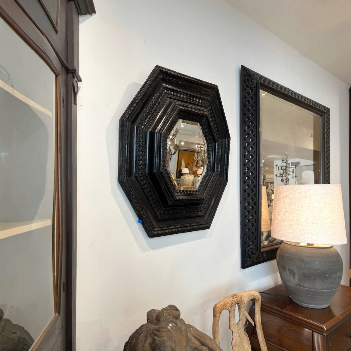 18th Century French Louis XIV Ebonized Octagonal Carved Frame with Original Mirror