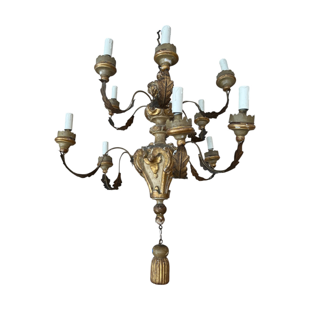 18th Century Italian Painted & Gilded Iron & Wood Chandelier with Tassel