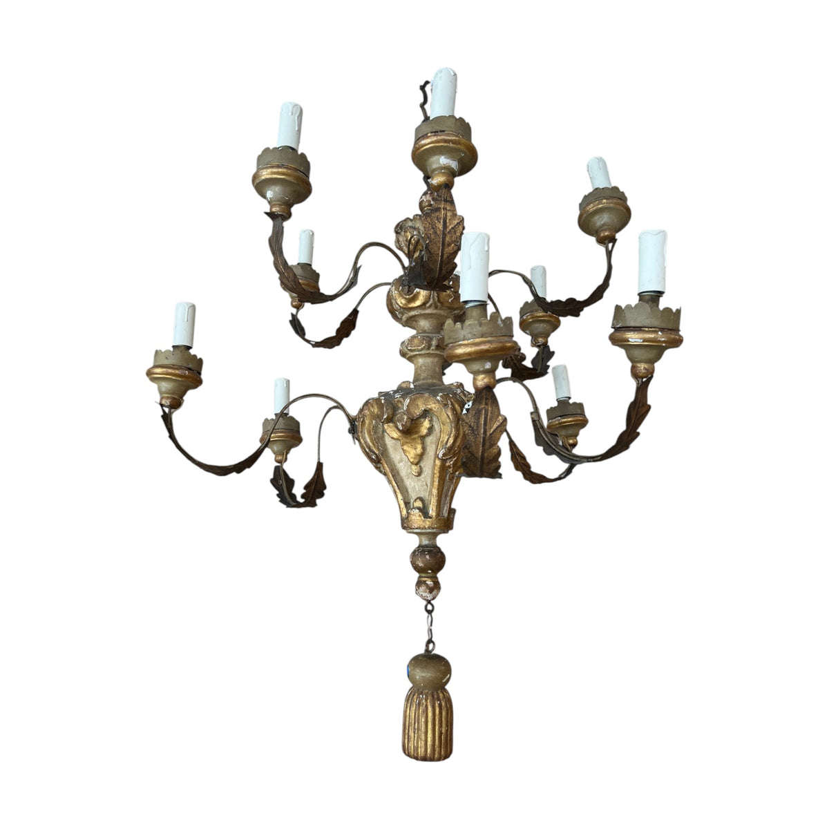 18th Century Italian Painted & Gilded Iron & Wood Chandelier with Tassel
